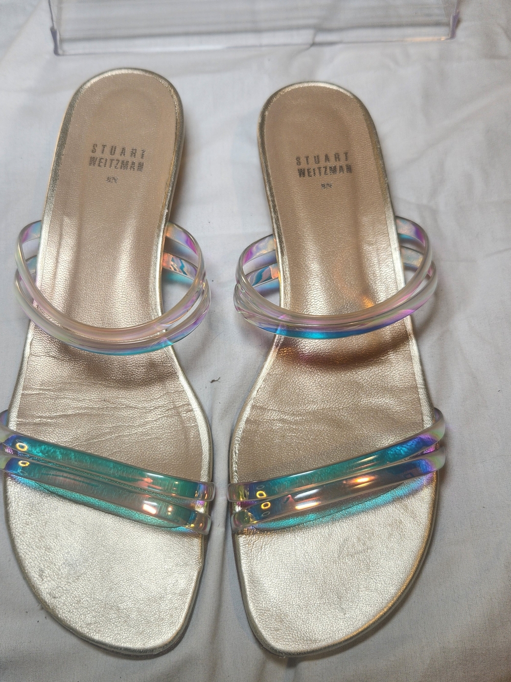 Stuart Weitzman Iridescent Clear-Strap Sandals with Gold Footbed 8N